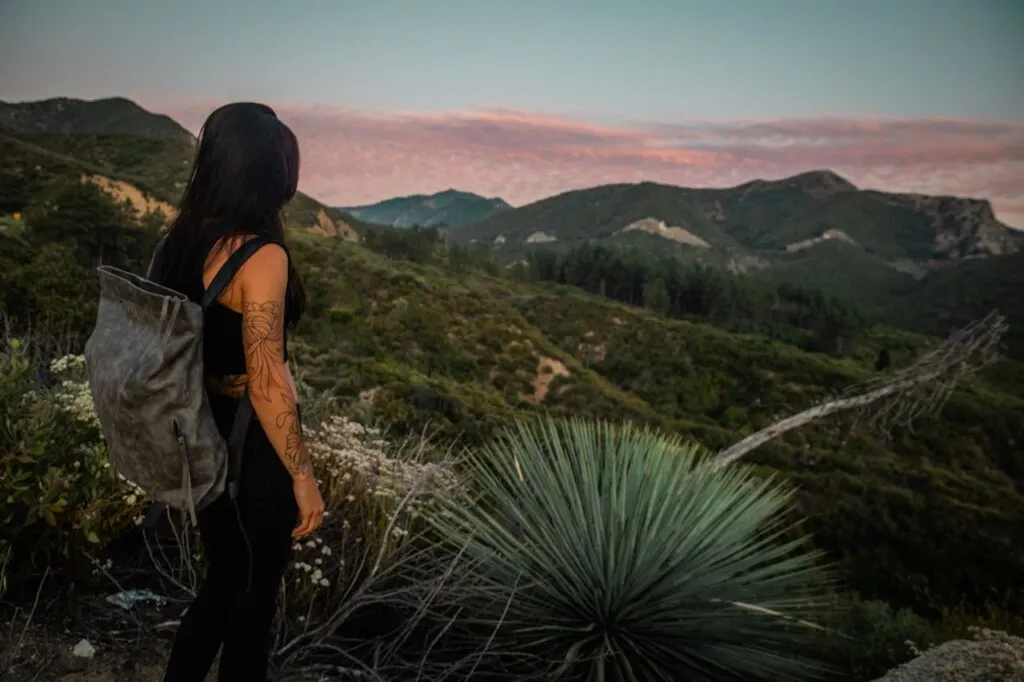 A woman hiking and overlooking the mountains