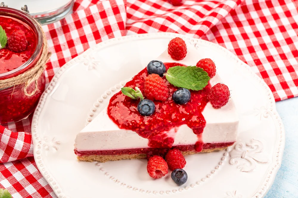 Piece Raspberry Cheesecake Bake Raspberries Cheesecake Raspberry Jam Food Recipe — Stock Photo, Image