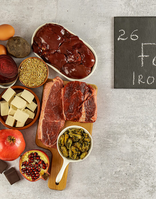 Foods high in Iron, a great source for your health, nervous and endocrine system, organic ingredients. Healthy diet concept, copy space
