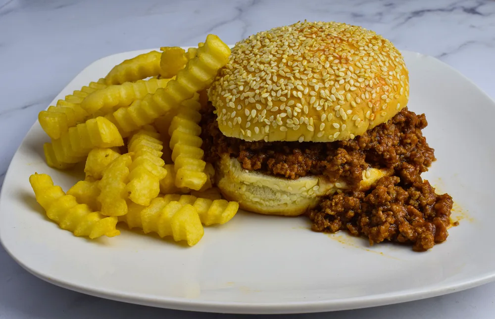 Sloppy joe with french fries on the side, — Photo
