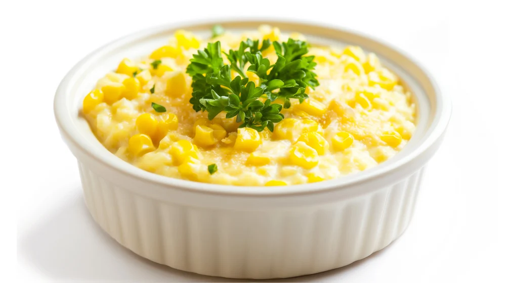 Creamed Corn Casserole Garnished Fresh Parsley White Ramekin Showcasing Creamy — Stock Photo, Image