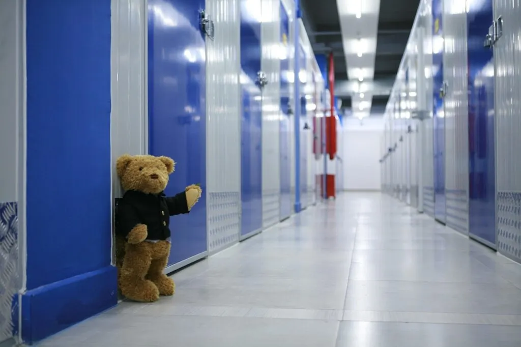 A teddy bear next to a door by inside storage units. Choosing inside or outside units is key to finding flexible storage units for your needs.