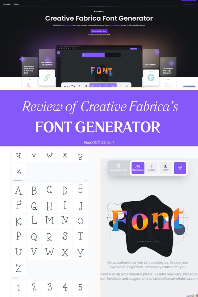 A collage image for Creative Fabrica Font Generator review showing a font made using the tool as well as a screenshot of the homepage for the tool