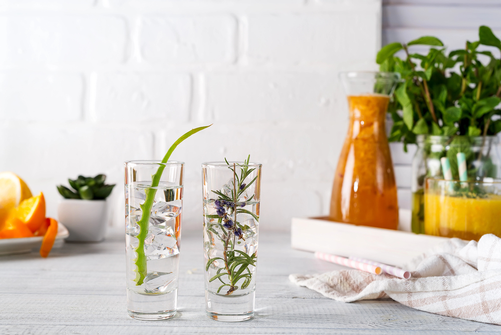 Aloe vera and rosemary gin and tonic on white rustic table. Copy space. Dragon tail cocktail for fans party — Stock Photo, Image