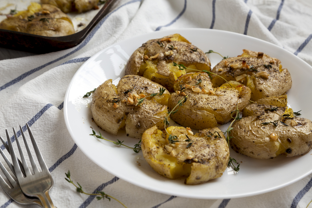 Homemade garlic thyme smashed potatoes