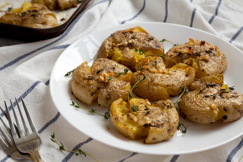 Homemade garlic thyme smashed potatoes