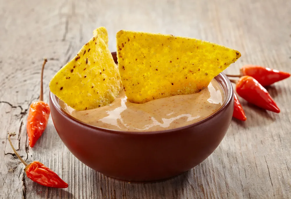Bowl of dip and nachos — Photo