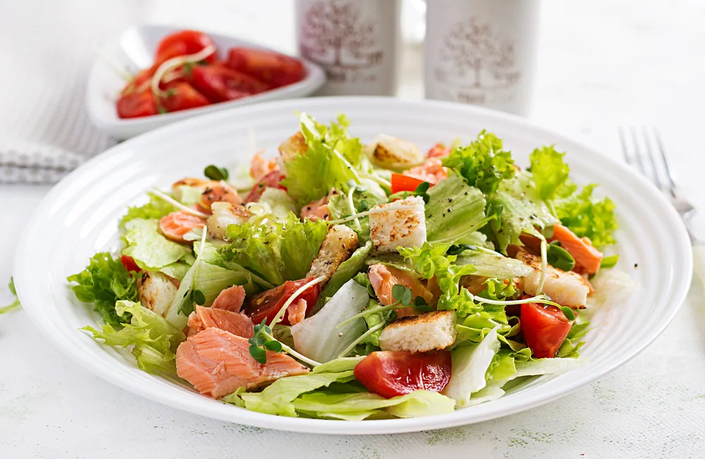 Caesar Salad Salmon Fish Menu Seafood Salmon — Stock Photo, Image