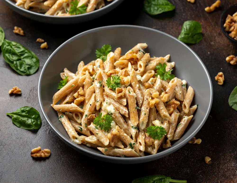 Whole Wheat Penne pasta with gorgonzola cheese sauce, spinach and walnut. Healthy food. — Stock Photo, Image
