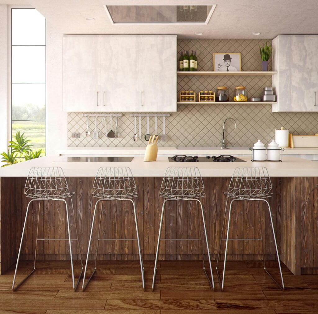 A new kitchen done in cream with brown accents including new tile, granite countertops and white cabinets is one of these big home improvement that really pays off.