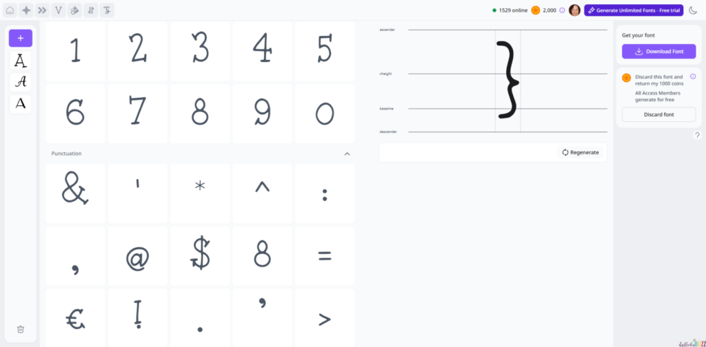 Numbers and glyphs created by font generation tool