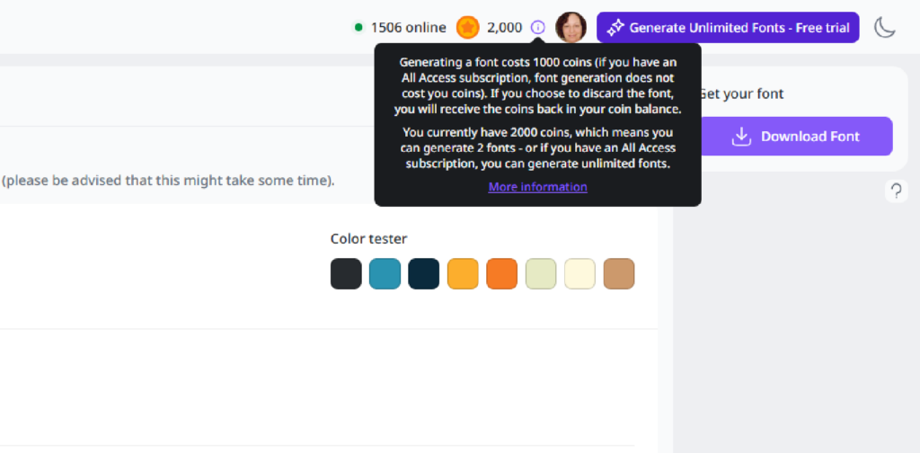 Screenshot of the explanation of the pricing  for Creative Fabrica's font generator