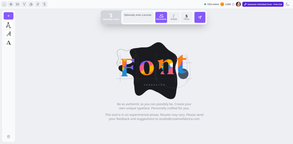 Screenshot of the homepage of font generator
