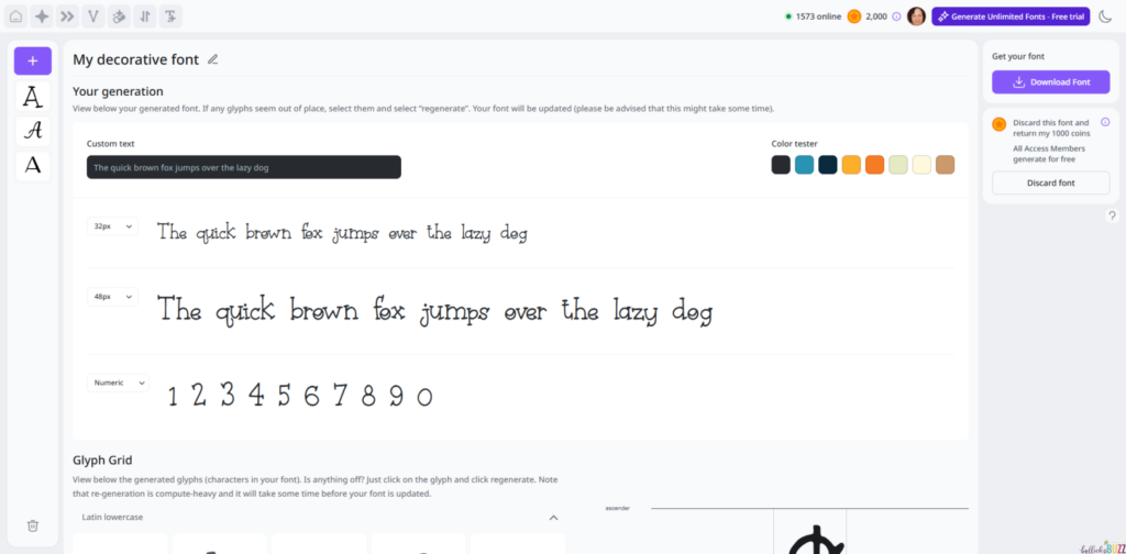 Screenshot of the sentence The Quick Brown Fox Jumps Over The Lazy Dog shown several times using generated font