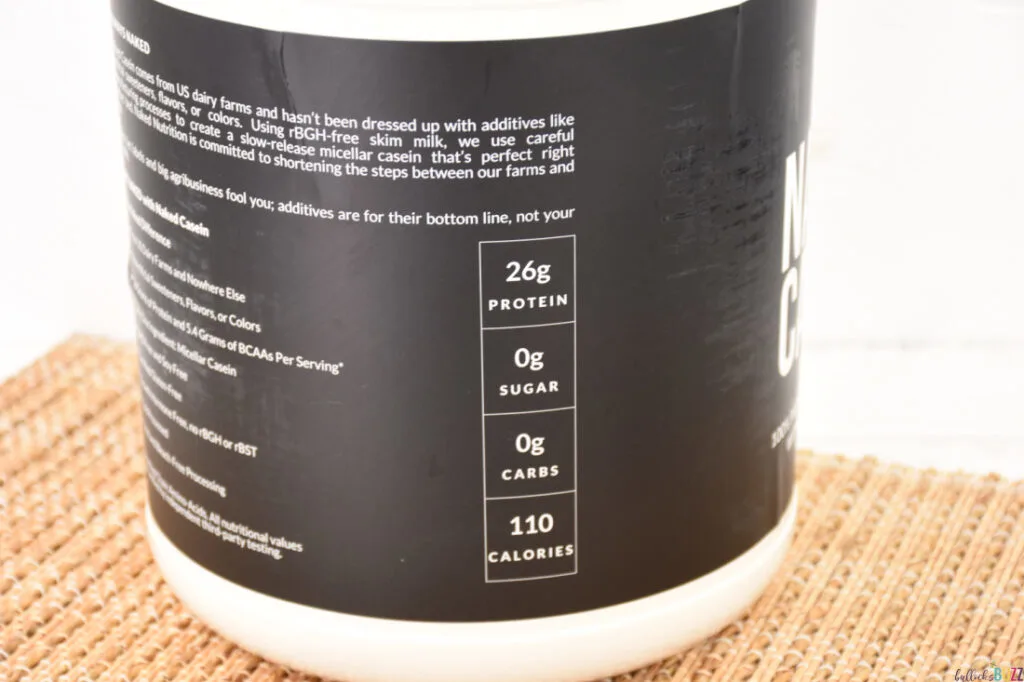 Jar of Naked Casein label showing amount of protein and carbs