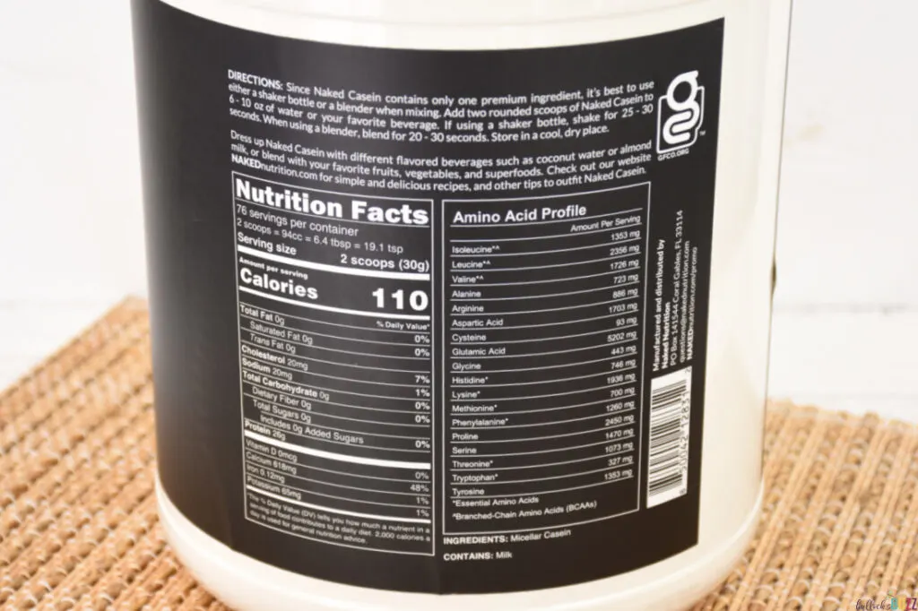 close up of nutrition label on jar of Naked Nutrition Naked Casein