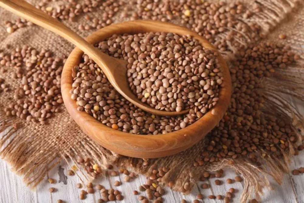 Remove BG Save Share Sample Dry brown lentils in a wooden bowl close-up