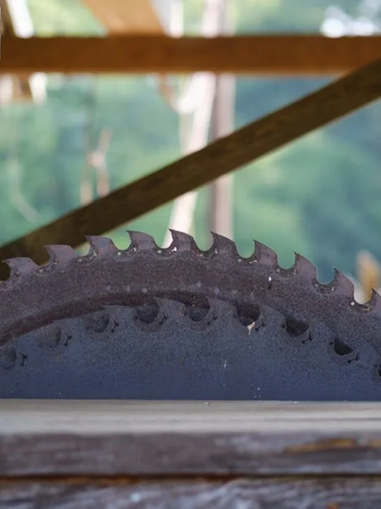 Close up of a saw used to cut trees into lumber for one of many uses as sustainable wood in building projects