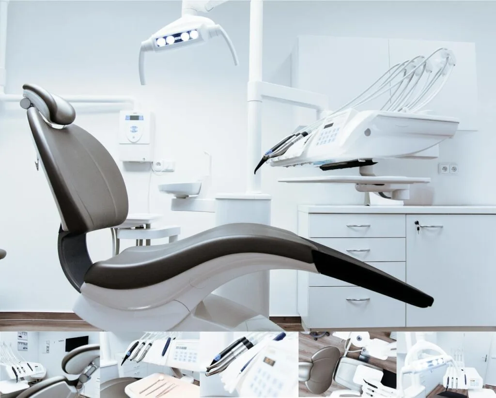 A dentist chair with several close up images of the different and continuously improving technology in the room that highlights the importance of continuous learning for dental restoration