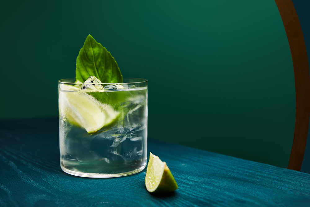 Close up view of old fashioned glass with drink and lime 