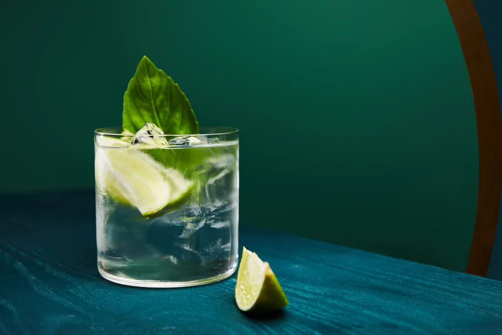 Close up view of old fashioned glass with drink and lime