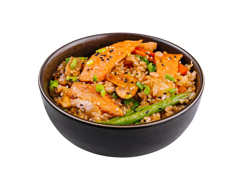 Delicious Bowl Teriyaki Chicken Steamed Veggies Rice Garnished Sesame Seeds — Stock Photo, Image