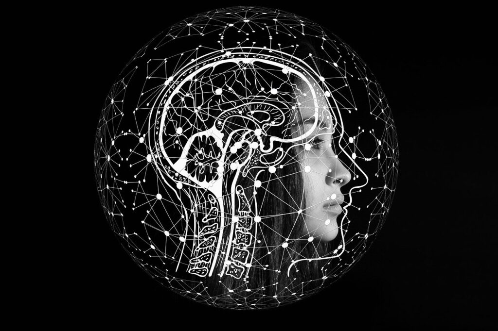 A black and white illustration of a side view of a head representing AI and the Integrating Artificial Intelligence in your business