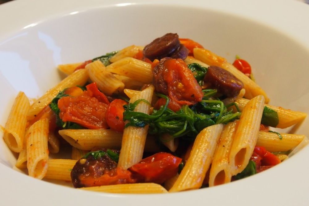 Pasta | Penne pasta with chorizo, rucola and cherry tomato. | Flickr