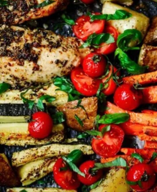 Sheet pan chicken and veggies..style rustic.selective focus