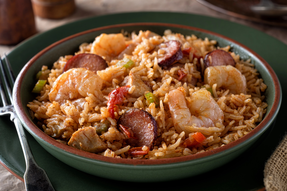 Bowl Delicious Cajun Style Jambalaya Shrimp Chicken Sausage — Stock Photo, Image