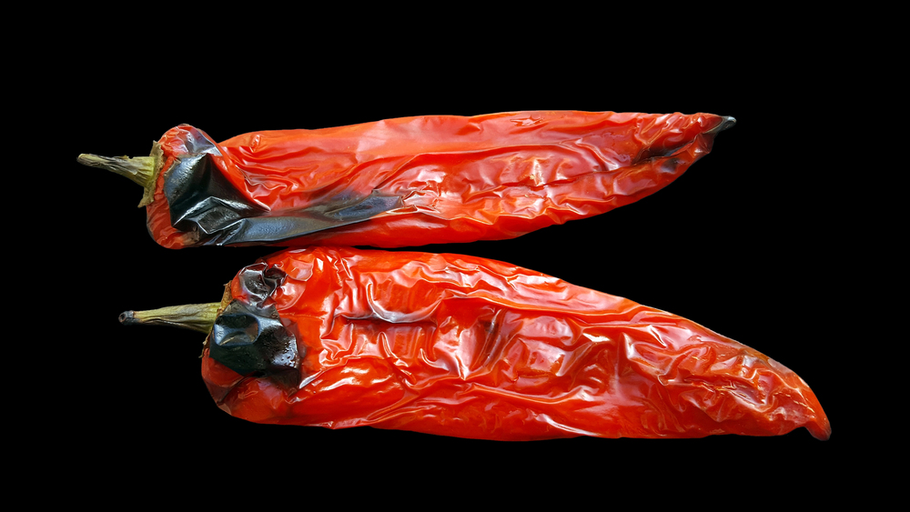 Two Roasted Red Peppers Black Background — Stock Photo, Image