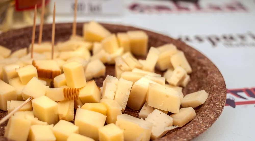 Pieces of cheese on a plate with toothpicks — Stock Photo, Image