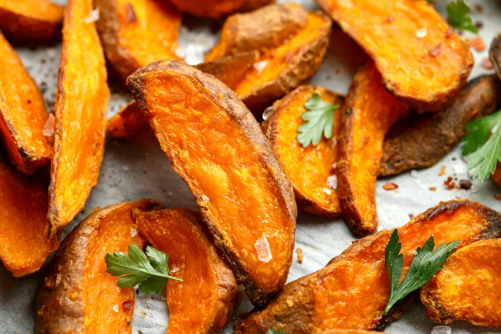 Healthy Baked Orange Sweet Potato wedges with dip sauce,