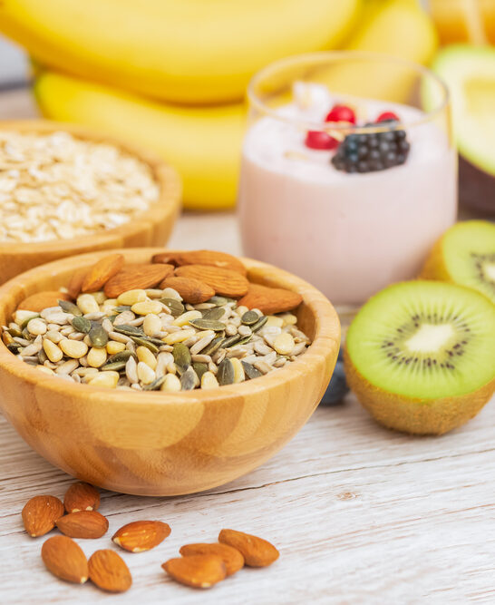 Fruit Bread Whole Grains Nuts Yogurt Mix Cherry Banana Avocado — Stock Photo, Image