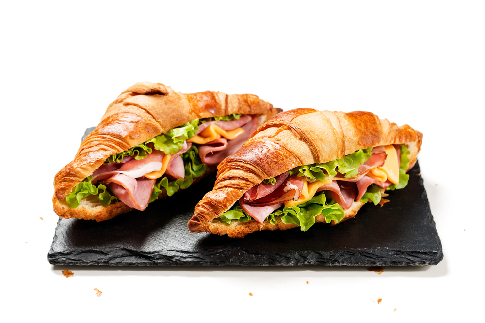Fresh Croissants Sandwiches Ham Cheese Salad Leaf Isolated White Background — Stock Photo, Image