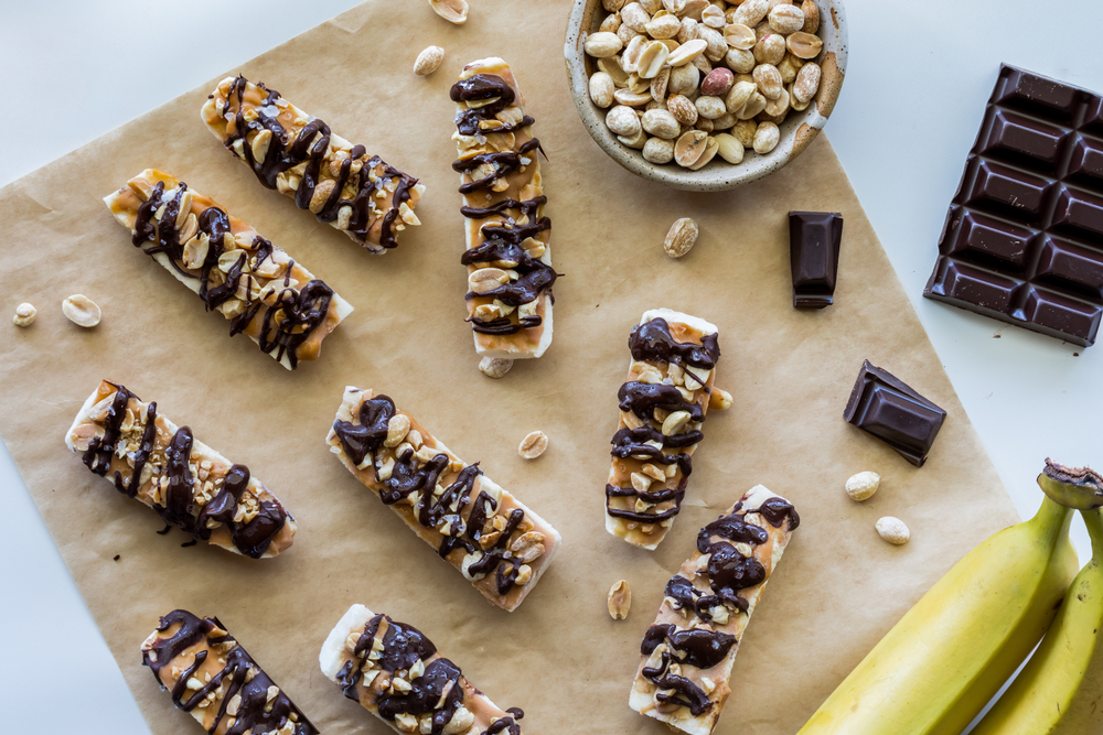 Above view of frozen peanut butter chocolate banana bites