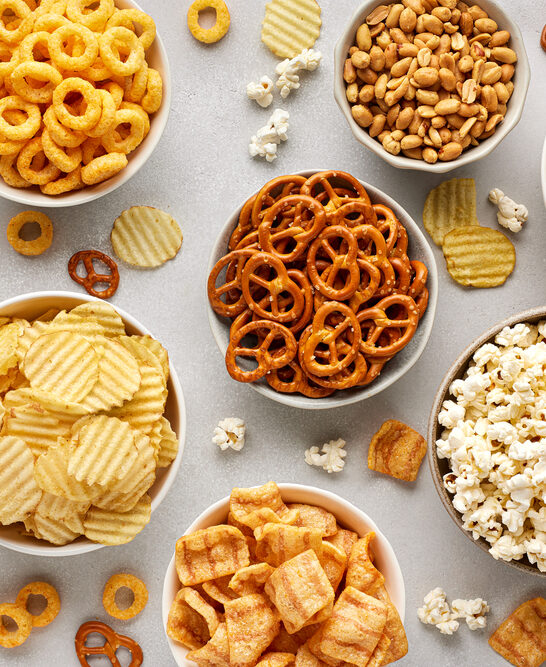 Set Many Bowl Different Salty Snacks Light Gray Background Chips — Stock Photo, Image