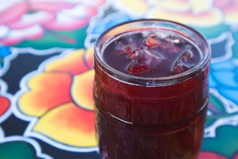 Jamaica (hibiscus) Agua Fresca Drink on a table 