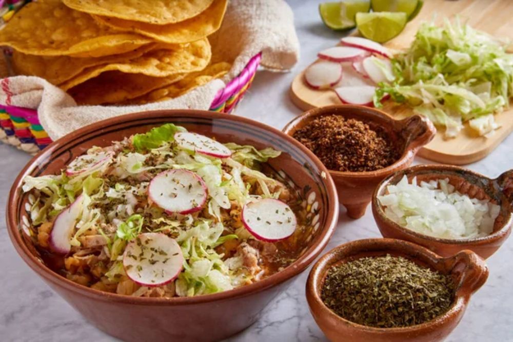 Pozole rojo, Mexican corn soup, traditional food in Mexico