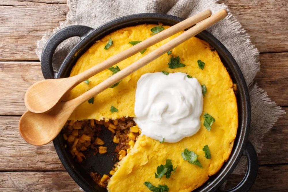 Homemade tamale pie casserole with corn and ground beef