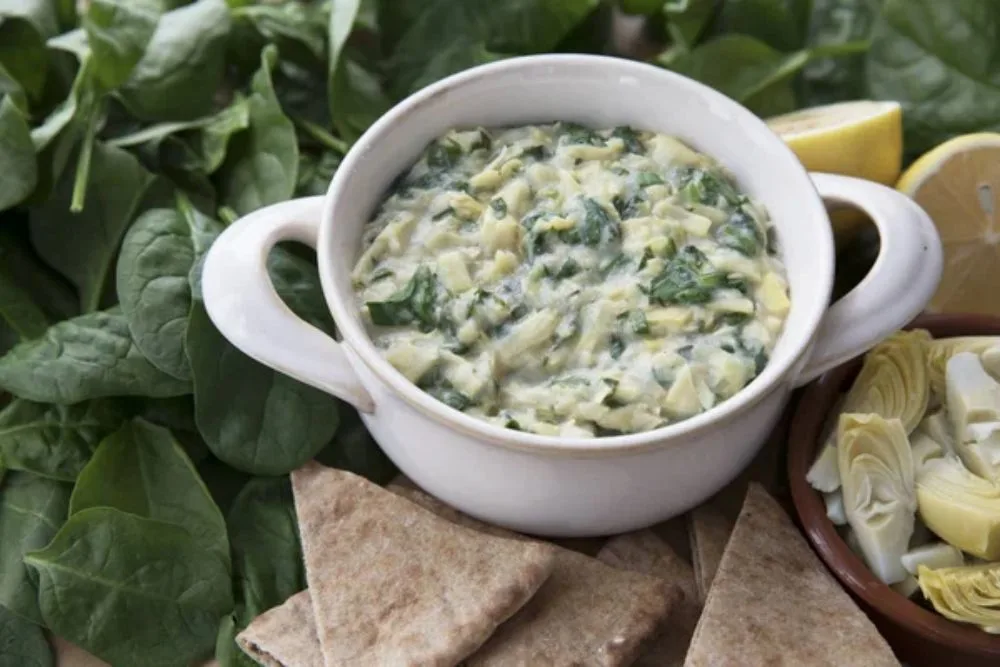 Bowl Vegan Spinach Artichoke Dip Pita Ingredients — Stock Photo, Image