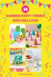 a collage of images of party food and decor showing different summer party themes for kids
