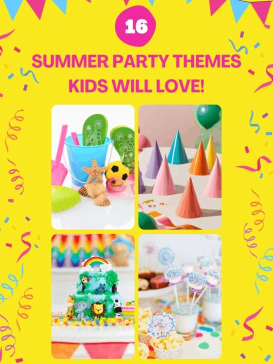 a collage of images of party food and decor showing different summer party themes for kids