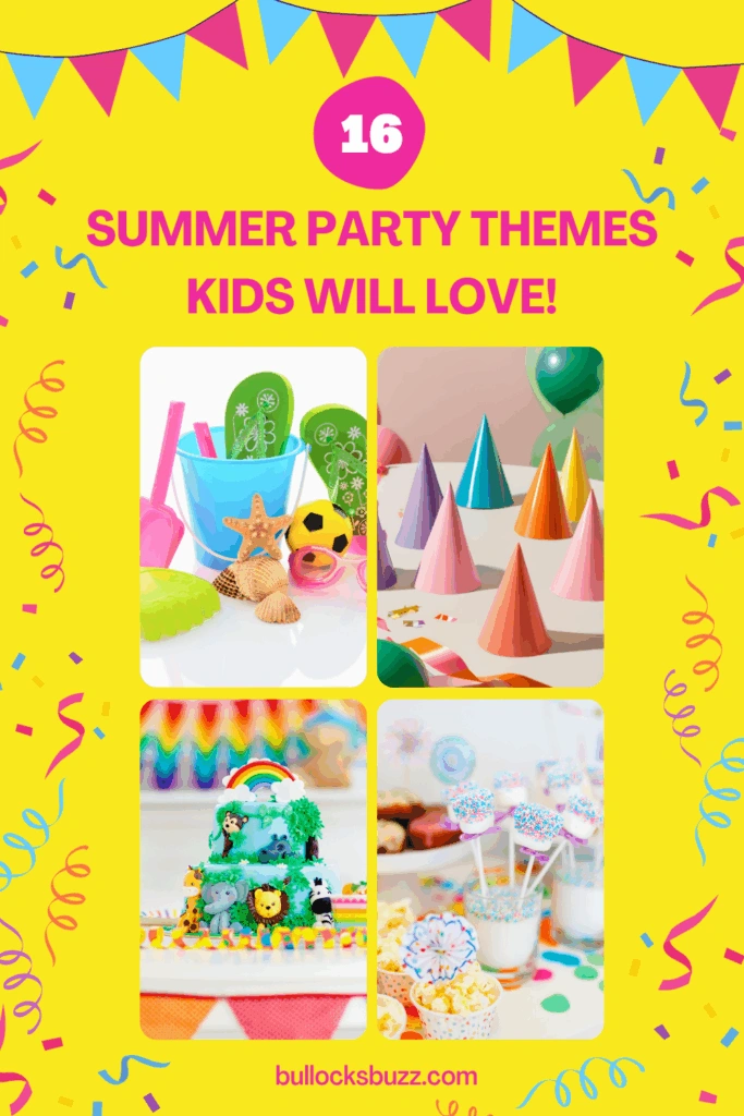 a collage of images of party food and decor showing different summer party themes for kids