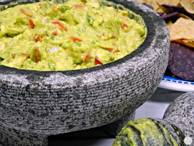 Homemade Guacamole made with a mortar and pestle