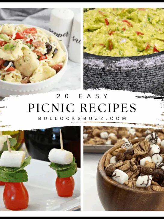 Four of 20 easy picnic recipes including two pasta salads, a snack mix, and guacamole.