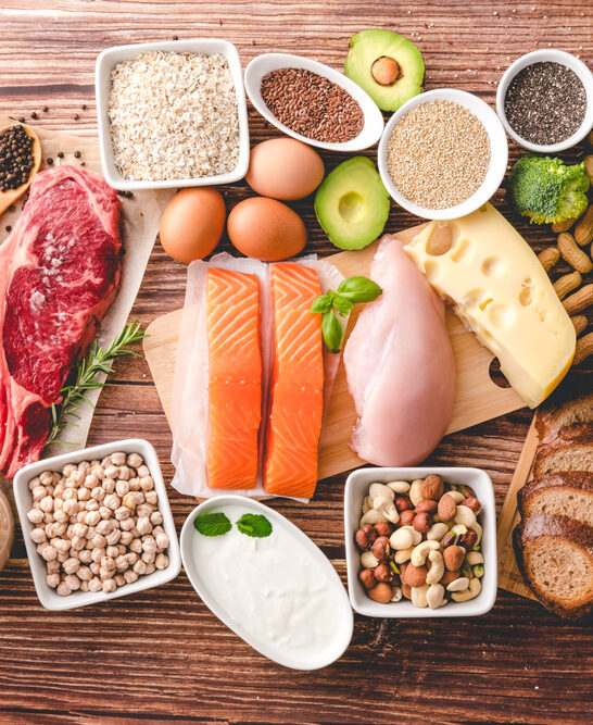 Healthy food for vitality and energy with super foods high in protein and carbs