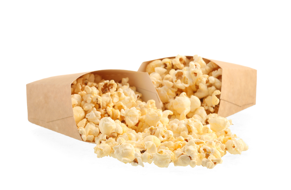 Paper Bags Tasty Popcorn White Background — Stock Photo, Image