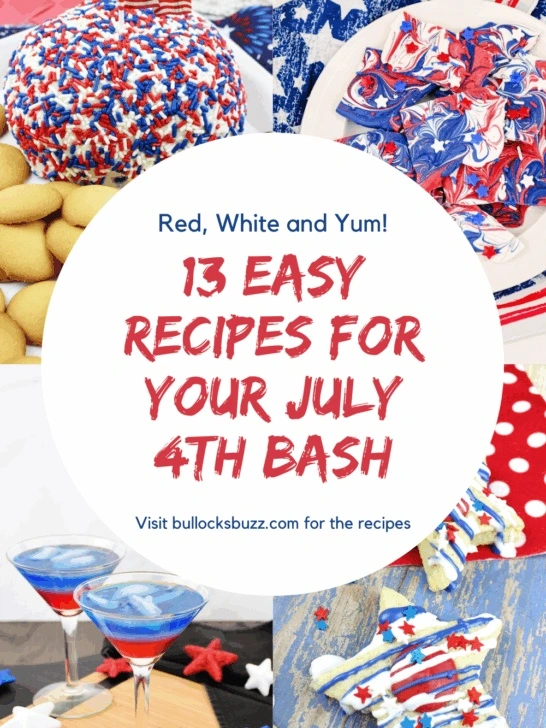 A collage of easy 4th of July recipes including candy bark, cocktails, cookies and a cheeseball.