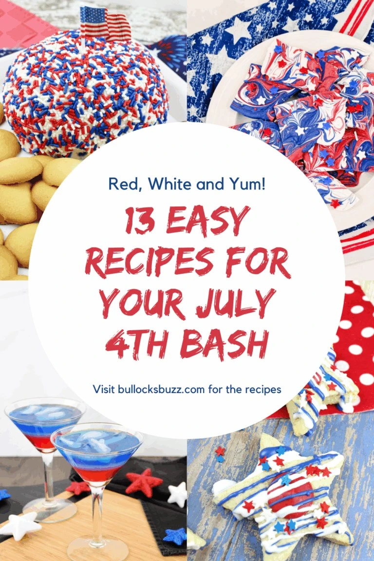 A collage of easy 4th of July recipes including candy bark, cocktails, cookies and a cheeseball.